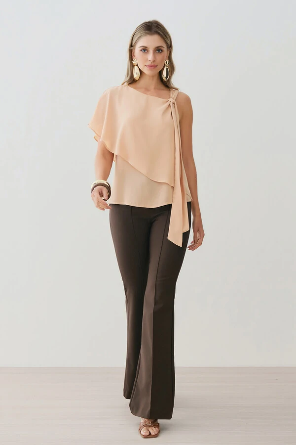 Blusa Assimétrica Dupla Transpassada Um Ombro Só Laço