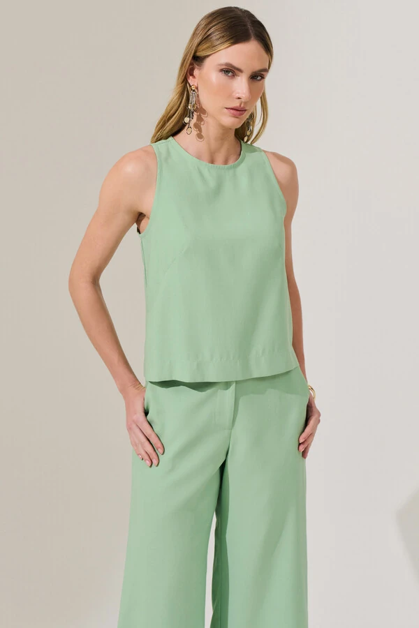 Conjunto de Alfaiataria de Blusa Regata Crop Pence e Calça Pantacourt Botão Forrado