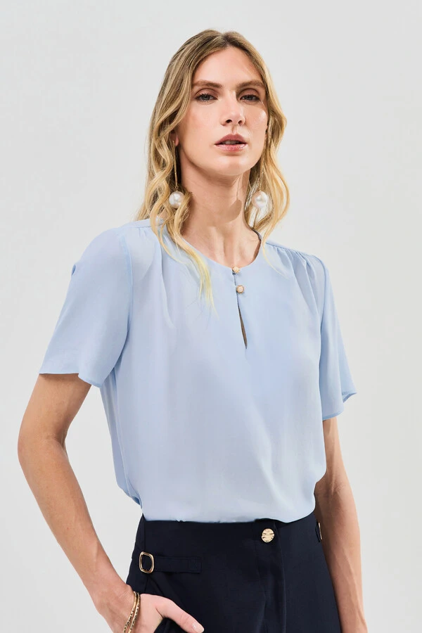 Blusa Decote Gota Gold Pérola Double Ombro Franzidos