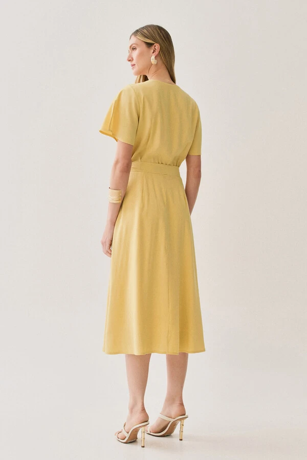Vestido Midi Evasê Manga Abertura Decote V Cinto