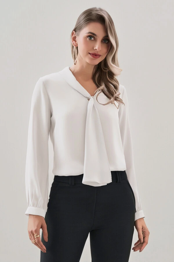 Blusa manga longa punho gola dobrada laço gravata