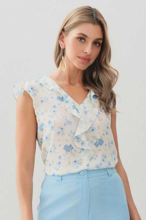 Regata Floral Decote V Ombro Babados
