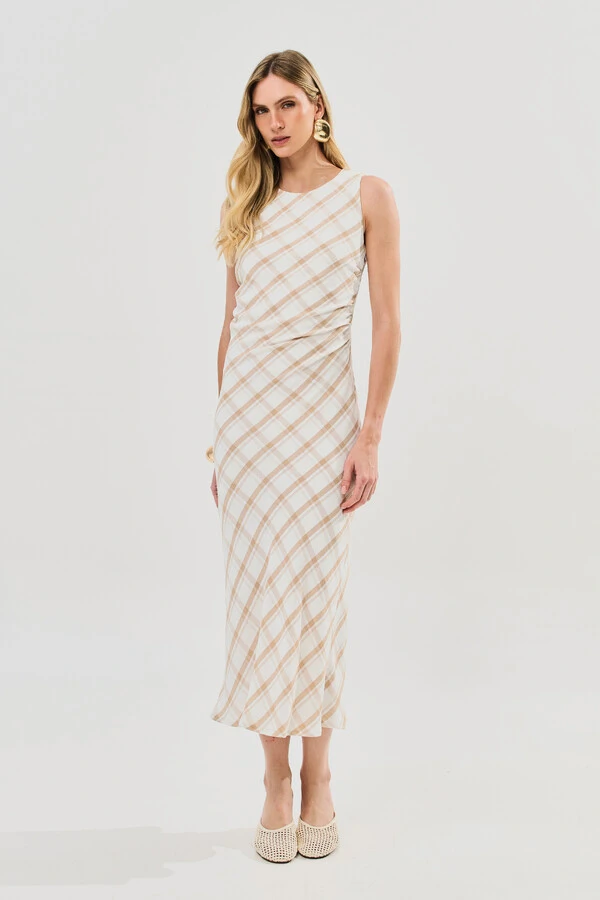 Vestido Midi Regata Xadrez Lateral Franzida