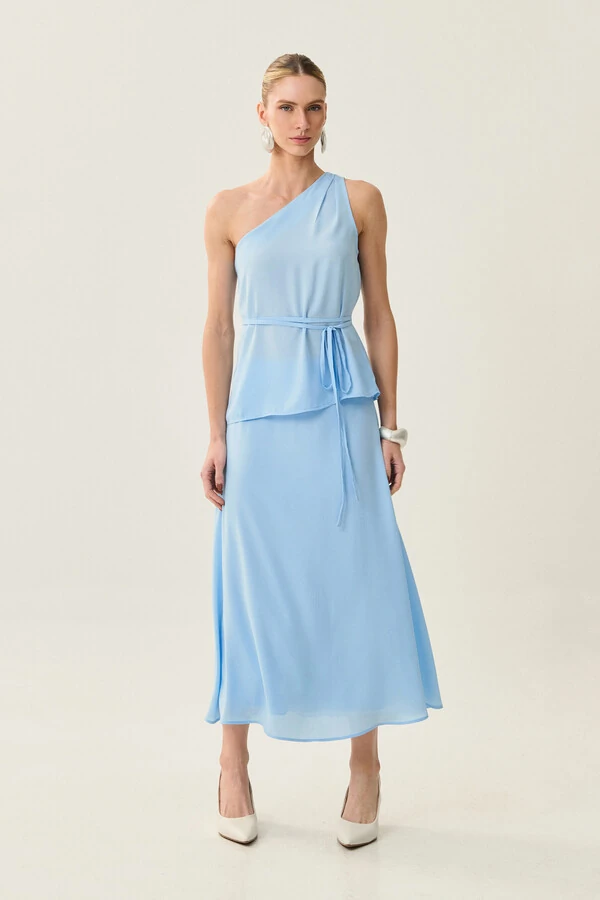 Conjunto de Blusa Regata Assimétrica Um Ombro Só Prega Cinto e Saia Midi