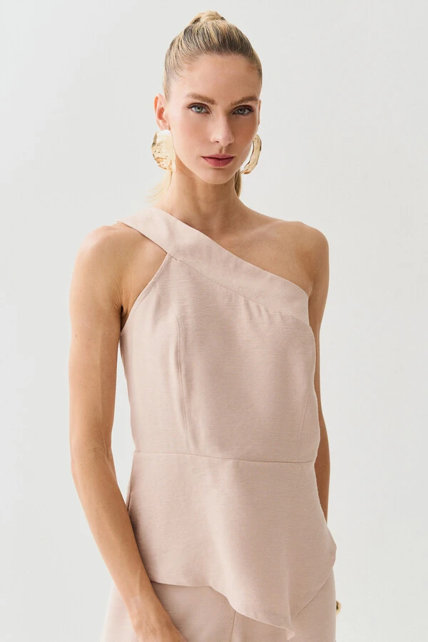 Conjunto de Blusa Regata Assimétrica Um Ombro Só Recorte Cintura e Calça Wide Leg Botão Forrado