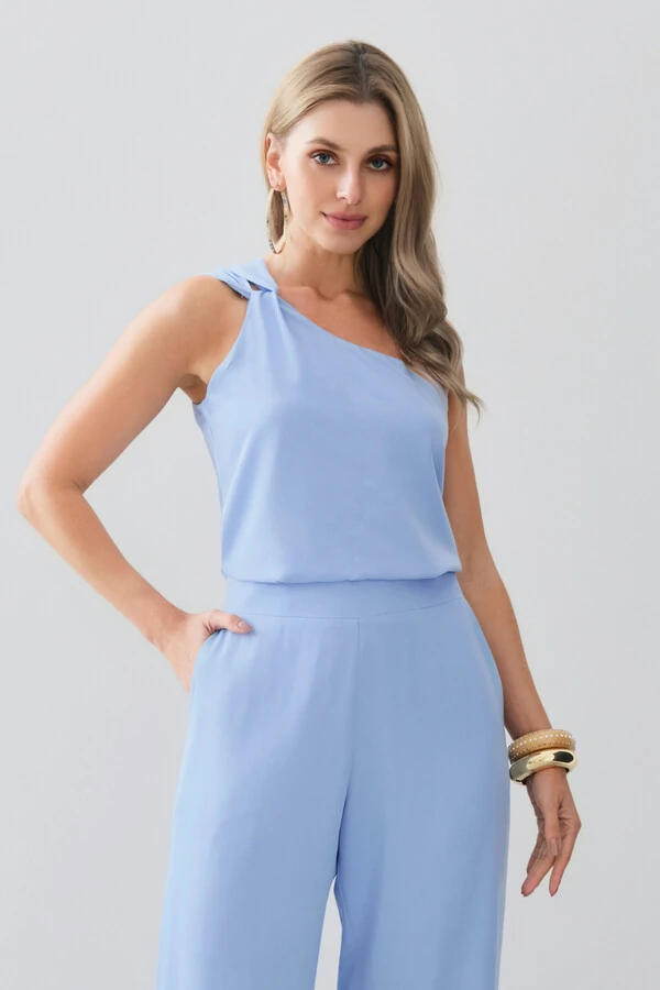 Conjunto de Blusa Regata Assimétrica Um Ombro Só Torcido e Calça Reta