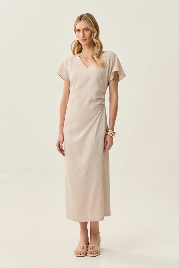 Vestido Midi Assimétrico de Linho Manga Morcego Decote V Lateral Pregas