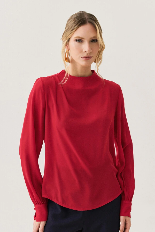 Blusa Assimétrica Manga Longa Punho Double Gola Careca Baixa Ombro Direito Pregas Double