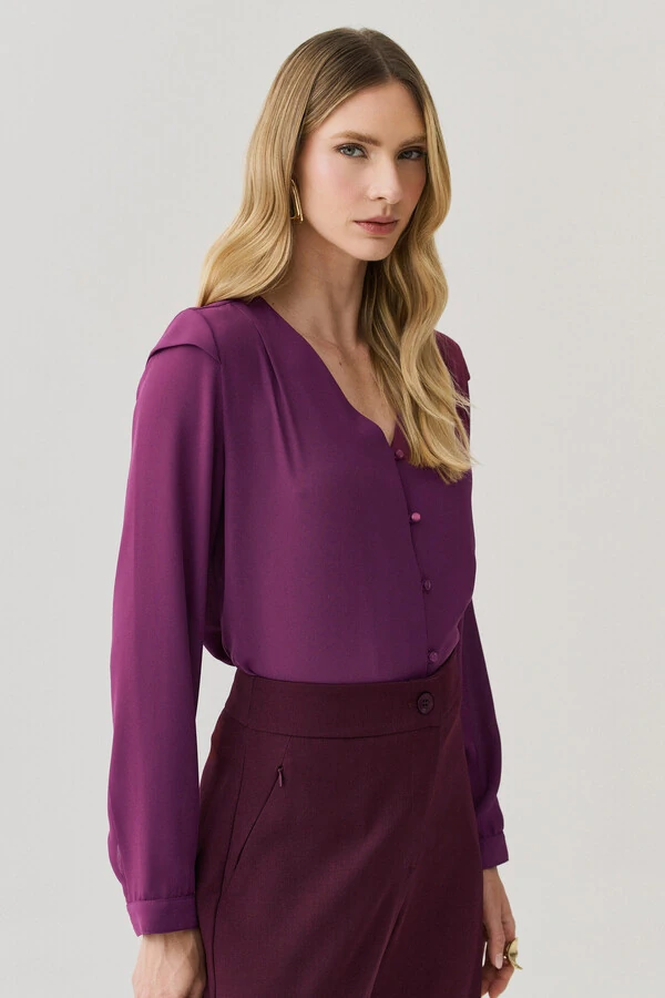 Camisa Manga Longa Punho Decote V Ombro Aba Mini Botões