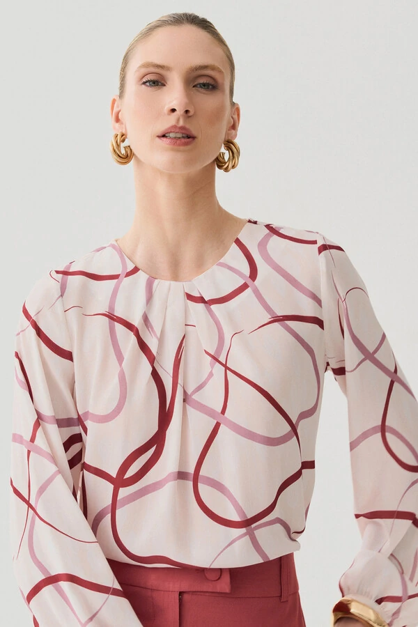 Blusa Abstrata Manga Longa Decote Pregas