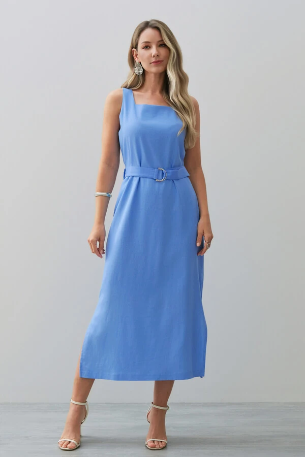 Vestido Midi Regata de Linho Decote Quadrado Fendas Laterais Cinto Fivela
