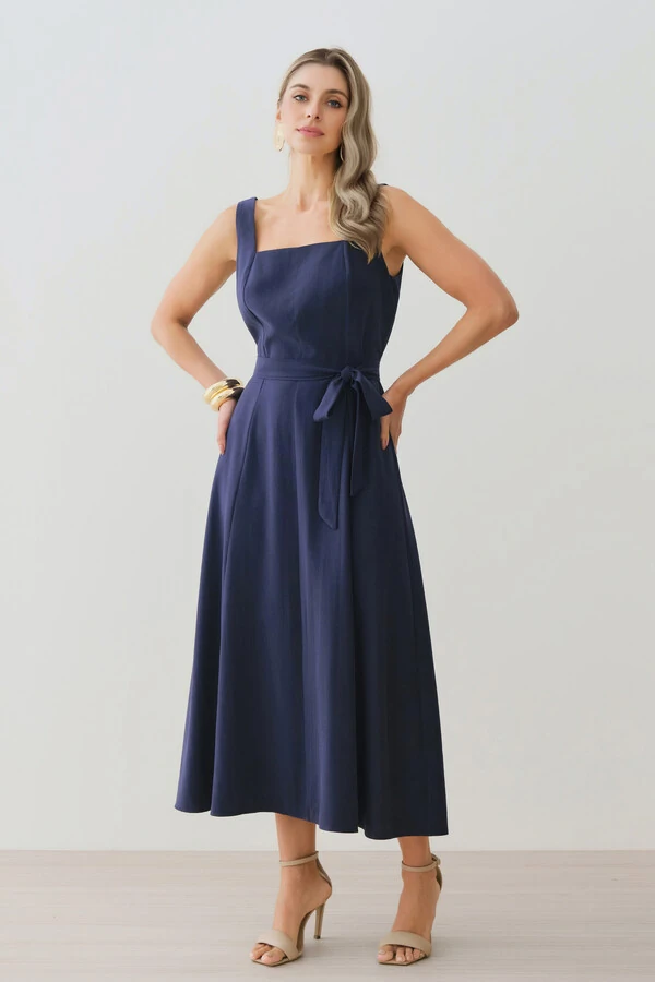 Vestido Midi de Alça Larga de Alfaitaria Decote Quadrado Recortes Cinto