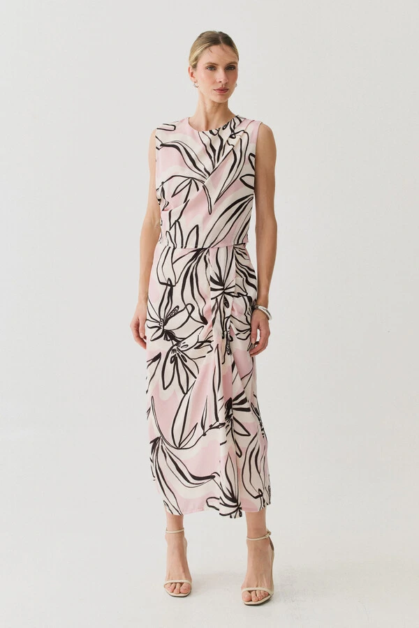 Conjunto Assimétrico Floral de Regata Crop Pregas Double e Saia Midi Pregas