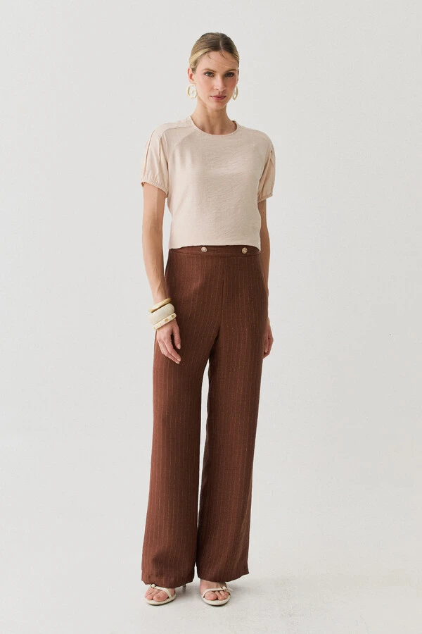 Pantalona Slim Risca de Giz Botões Gold