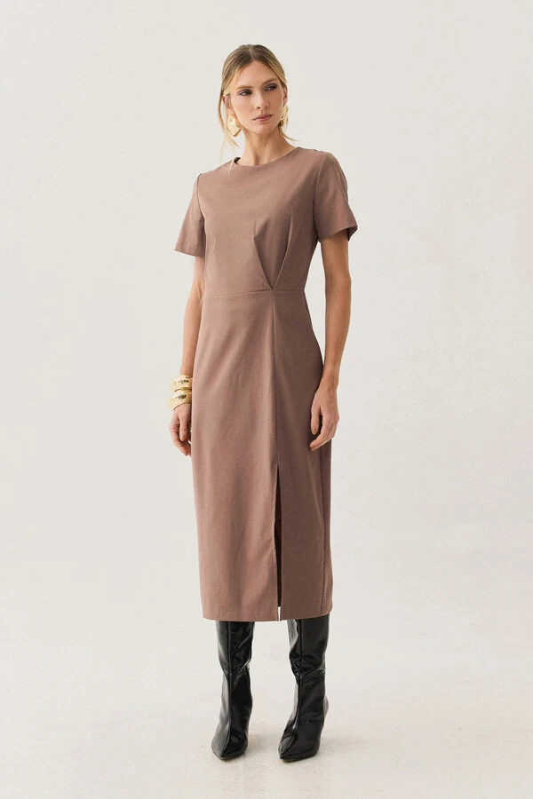 Vestido Midi Assimétrico Cintura Prega