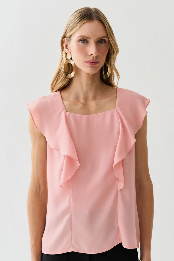 Regata Decote Quadrado Recortes Babado Laço Costas