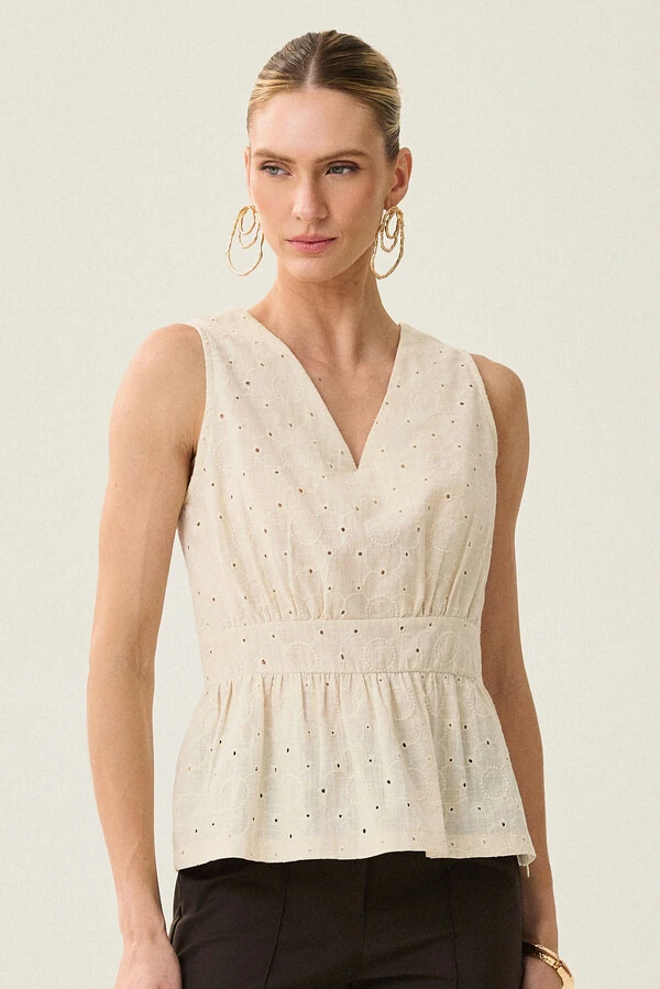 Regata de Laise de Algodão Acinturada Recorte Decote V