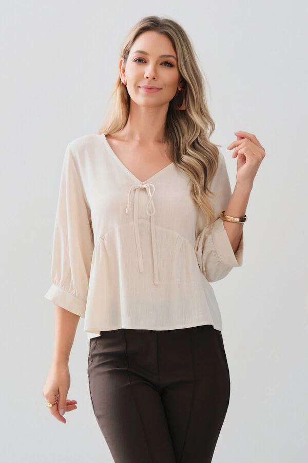 Blusa Manga 3/4 Punho Decote V Laço Recorte Busto