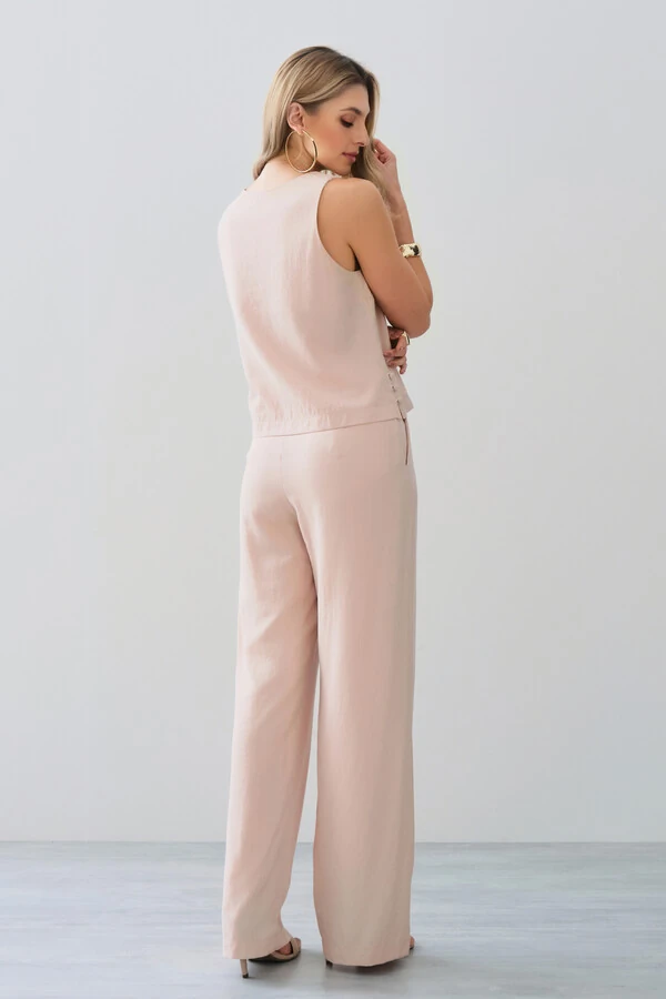 Conjunto de Blusa Regata Decote V Lateral Mini Botões Triple e Calça Reta