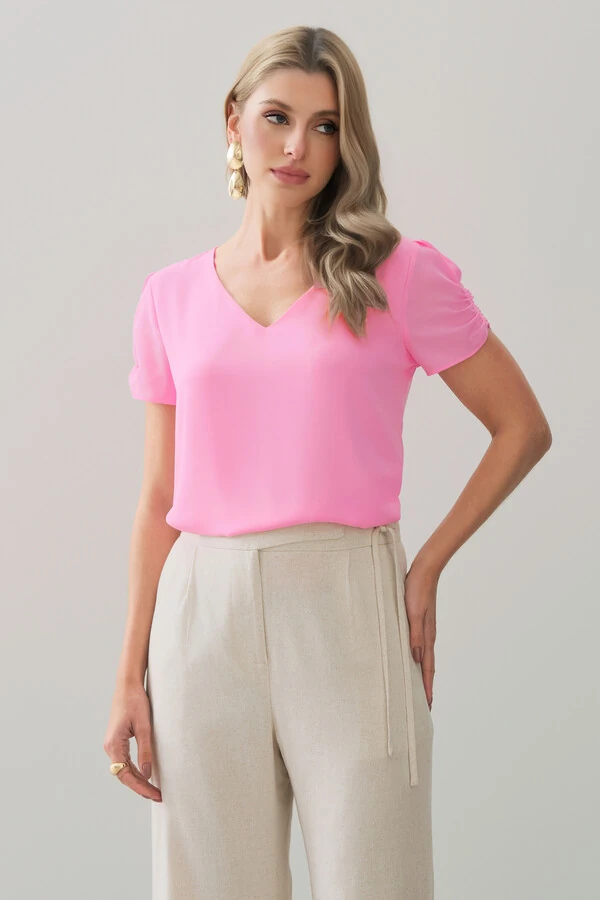 Blusa Manga Franzida Elástico Decote V