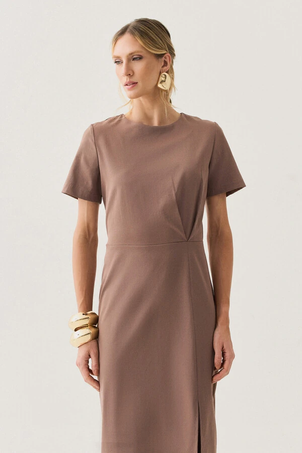 Vestido Midi Assimétrico Cintura Prega