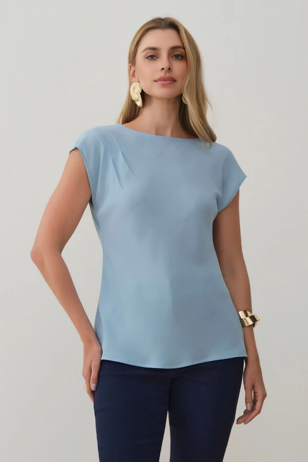 Blusa Assimétrica Drapeada Manga Morcego Ombro Esquerdo Pregas Double