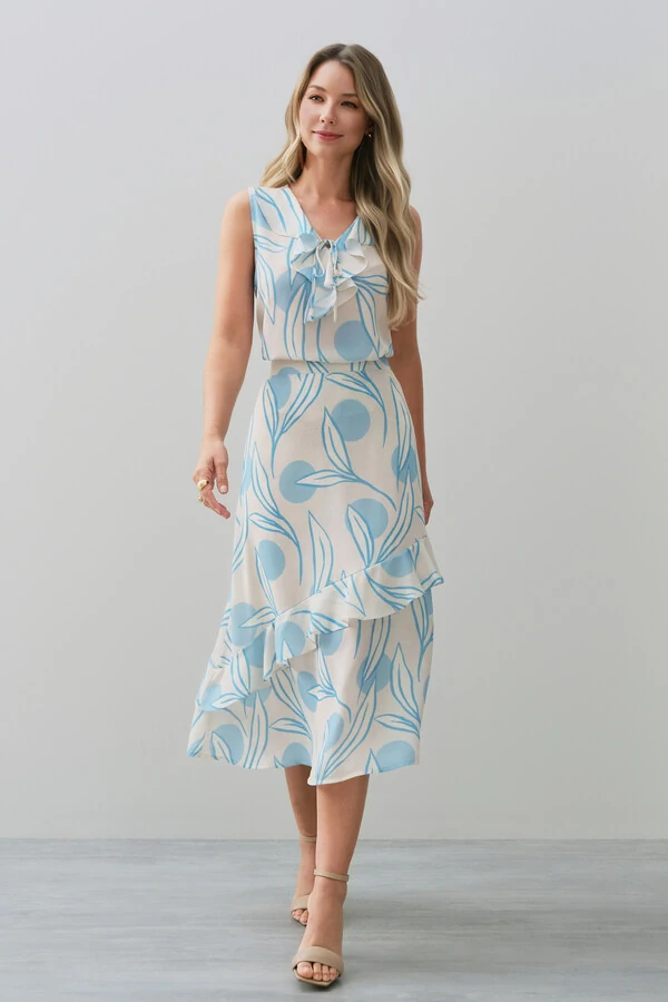 Conjunto Folhagem Poa de Blusa Regata Decote V Babado Laço e Saia Midi Babado Assimétrico