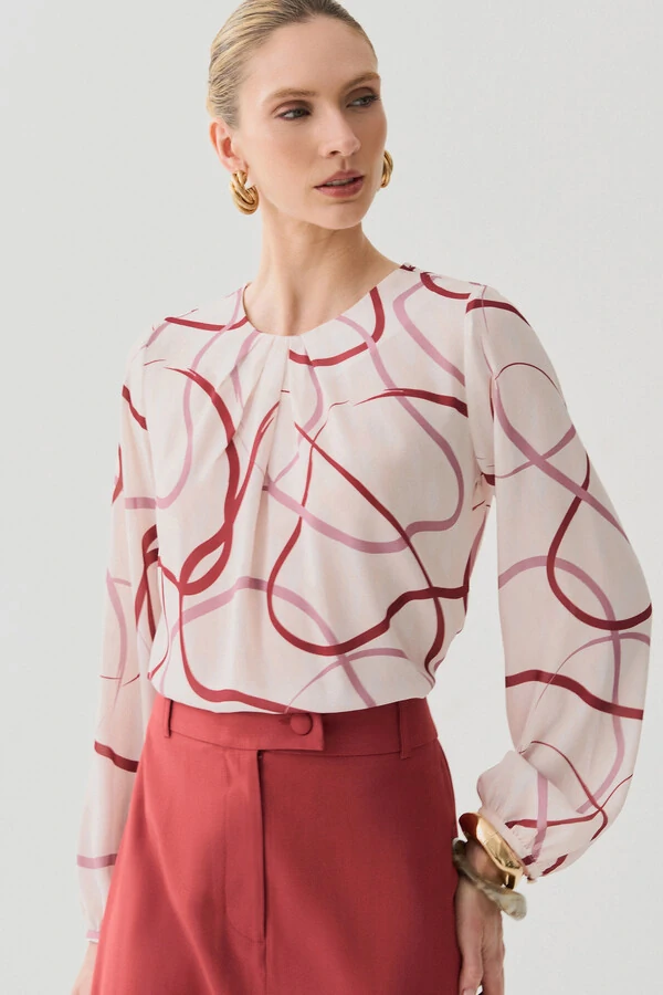 Blusa Abstrata Manga Longa Decote Pregas