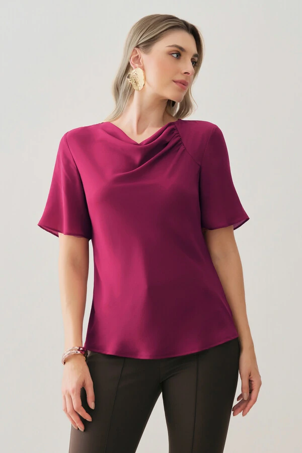 Blusa Assimétrica Manga Evasê Decote Drapeado Ombro Recorte Franzidos