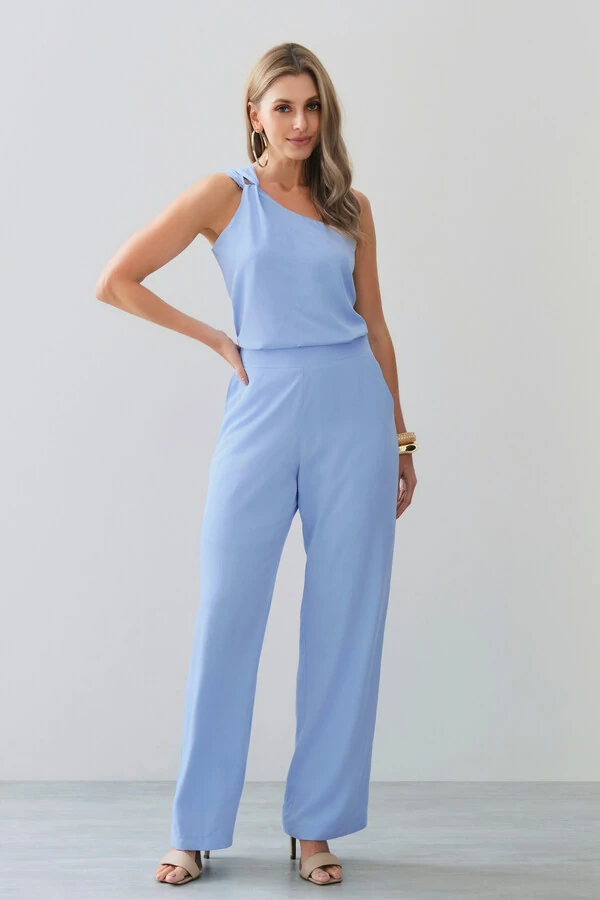 Conjunto de Blusa Regata Assimétrica Um Ombro Só Torcido e Calça Reta