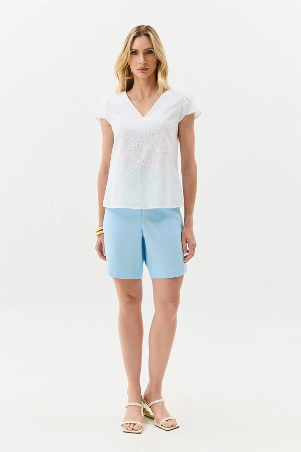 Blusa de Laise de Algodão Manga Tulipa Decote V