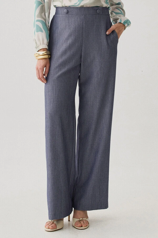 Calça Reta de Alfaiataria Cintura Elástico Botões Forrados Double