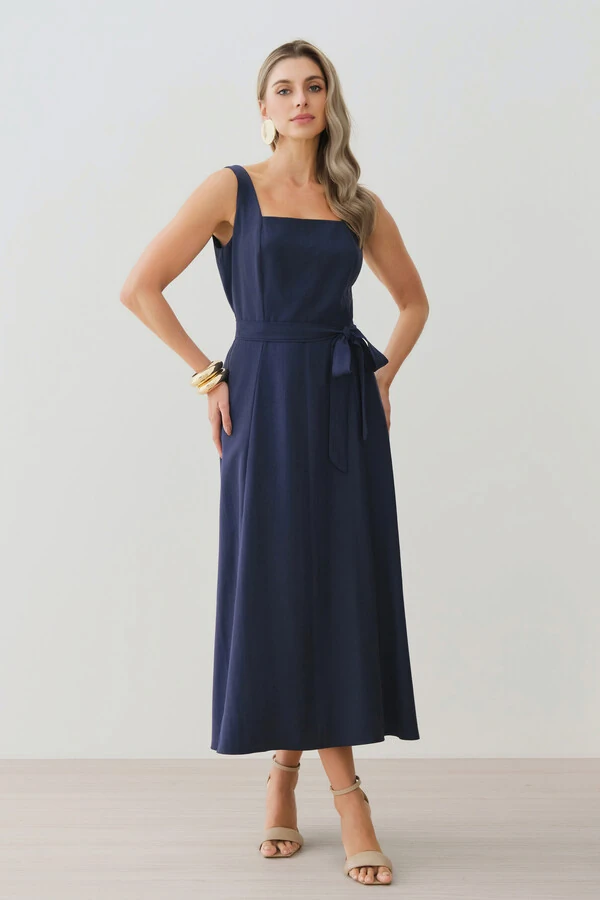 Vestido Midi de Alça Larga de Alfaitaria Decote Quadrado Recortes Cinto