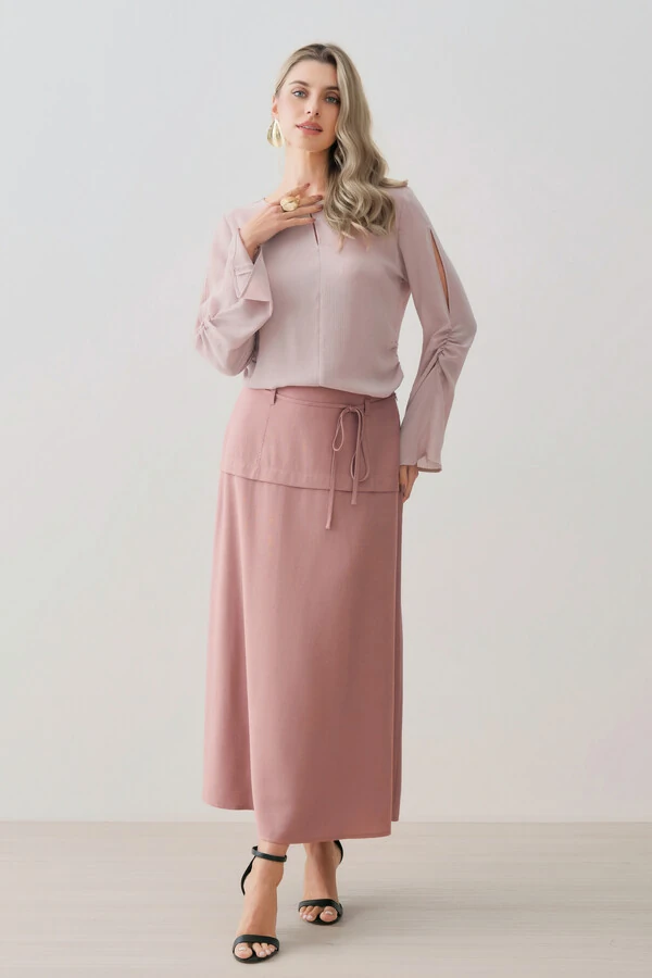 Blusa de Chiffon Yoryu Decote Gota Manga Longa Evasé Cut Out Franzida