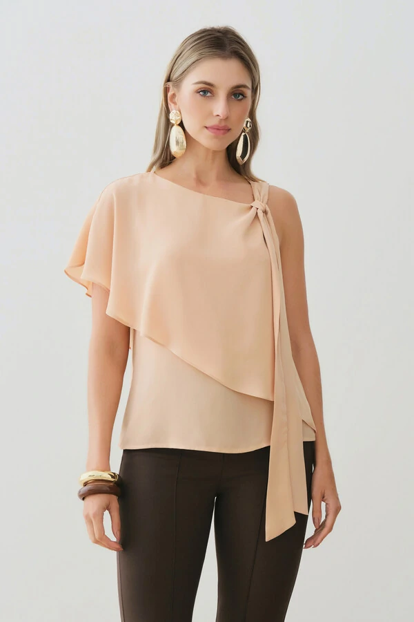 Blusa Assimétrica Dupla Transpassada Um Ombro Só Laço