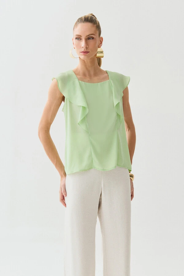 Regata Decote Quadrado Recortes Babado Laço Costas