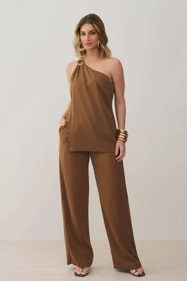Conjunto de Blusa Regata Dupla Assimétrica Um Ombro Só Gold e Calça Pantalona Elástico