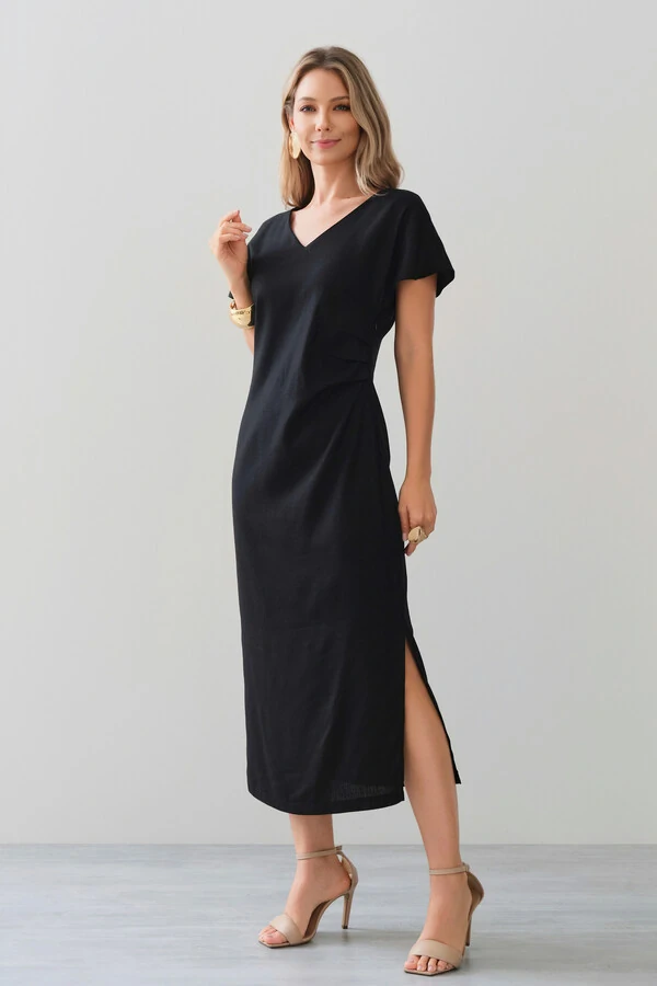 Vestido Midi Assimétrico de Linho Manga Morcego Decote V Lateral Pregas