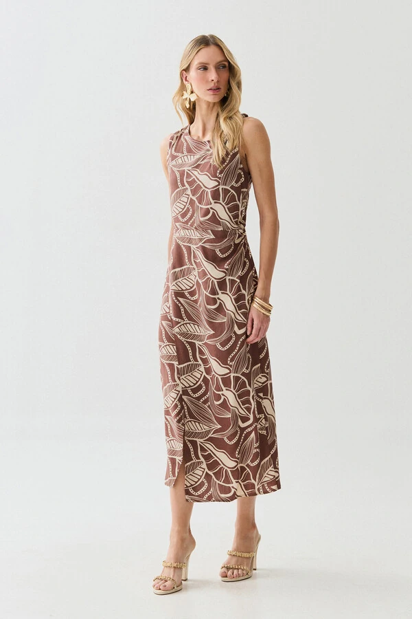 Vestido Midi Regata Assimétrico Transpassado Folhagem Um Ombro Torcido Lateral Franzida