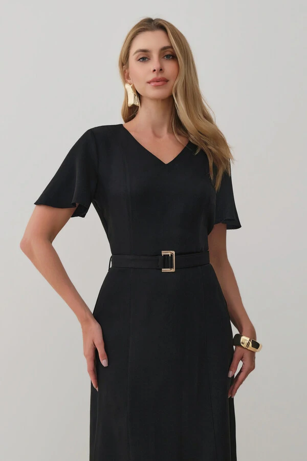 Vestsido Midi Decote V Cinto Fivela Gold