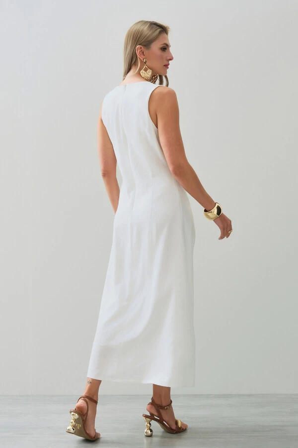 Vestido Midi Regata de Linho Recorte