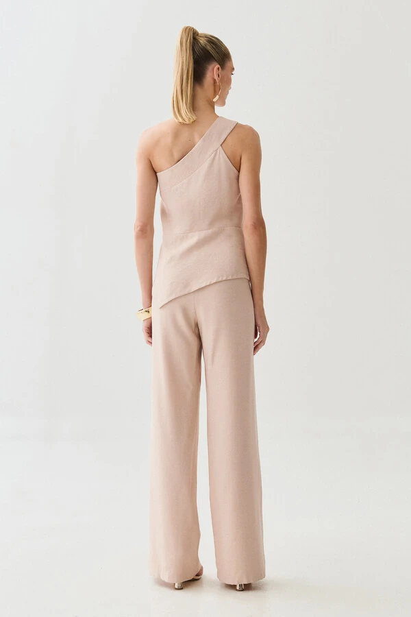 Conjunto de Blusa Regata Assimétrica Um Ombro Só Recorte Cintura e Calça Wide Leg Botão Forrado