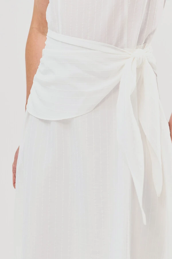 Vestido Midi Regata de Textrua Listrada Cintura Faixa Franzida