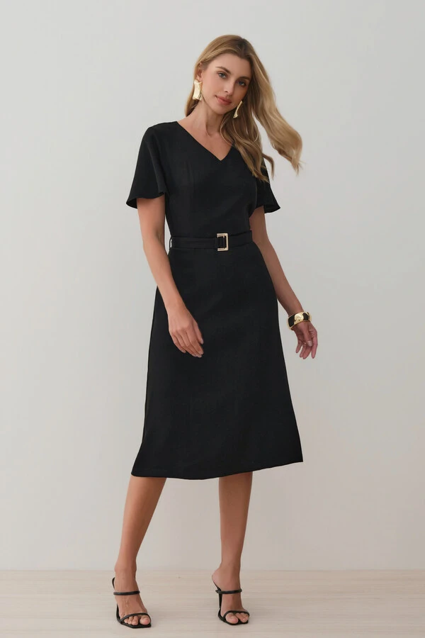 Vestsido Midi Decote V Cinto Fivela Gold