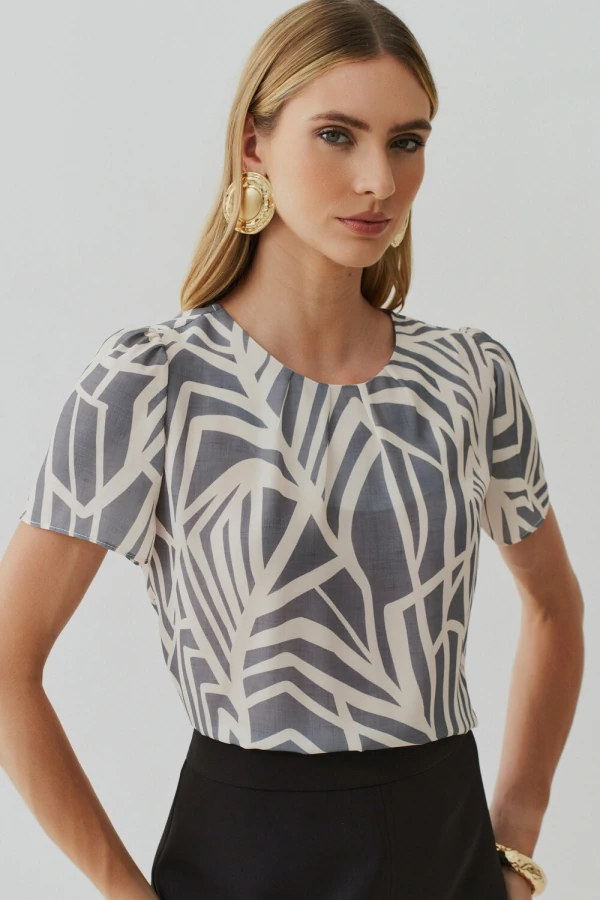 BLUSA FOLHAGEM ABSTRATA DECOTE PREGAS