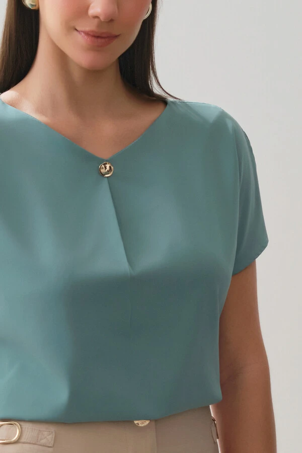 Blusa Manga Morcego Abertura Decote V Prega Gold