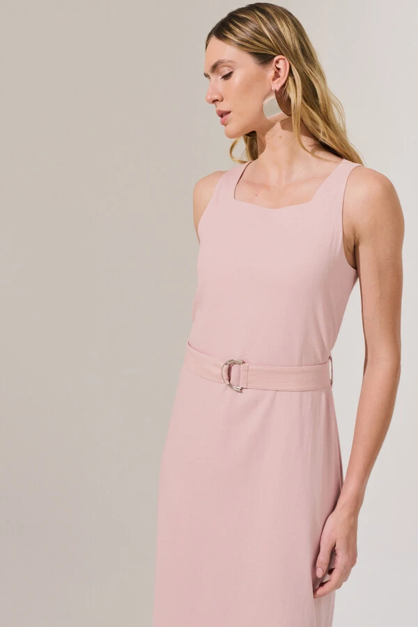 Vestido Midi Regata de Linho Decote Quadrado Fendas Laterais Cinto Fivela