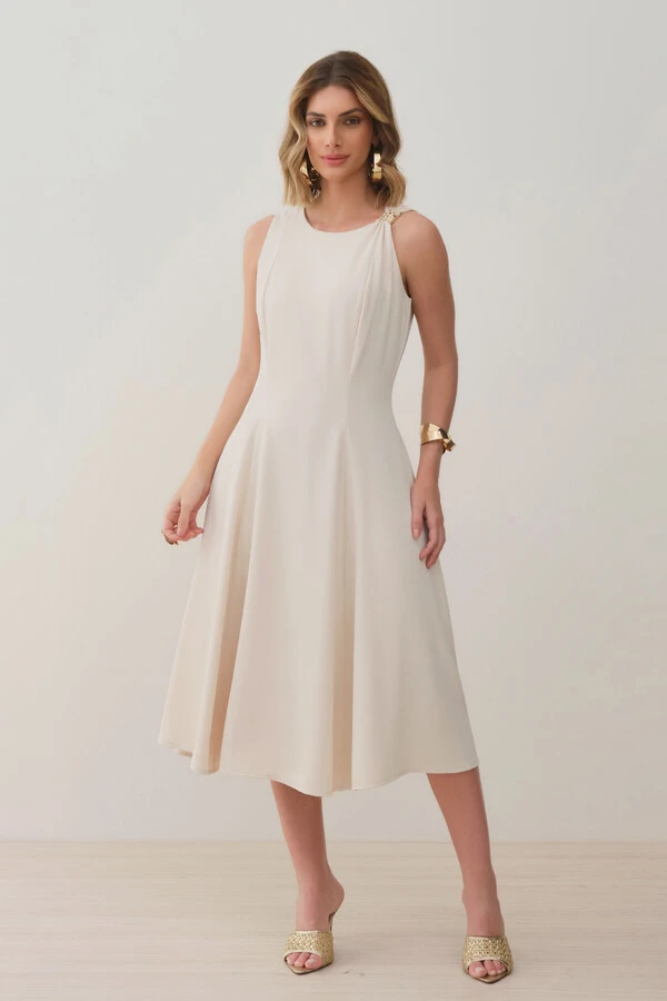 Vestido Midi Evasê Regata Assimétrico Pregas Ombro Esquerdo Gold