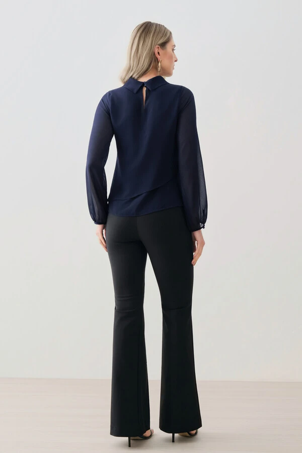 Blusa Dupla Transpassada Assimétrica de Chiffon Yoryu Manga Longa Gola Dobrada