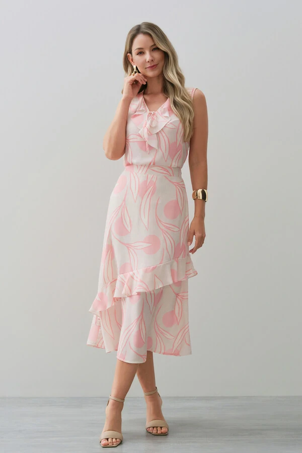 Conjunto Folhagem Poa de Blusa Regata Decote V Babado Laço e Saia Midi Babado Assimétrico